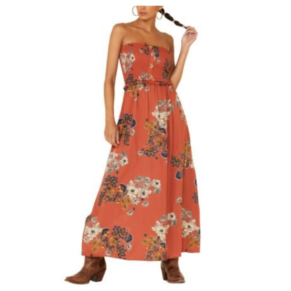 Angie Brick Orange Floral Smocked Button Front Maxi Dress - Picture 2 of 10